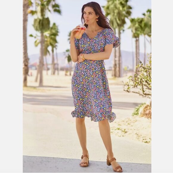 Talbots Midi Dress Flutter Sleeve Floral Coastal Cottage V Neck Tie Size 12 - Picture 1 of 16